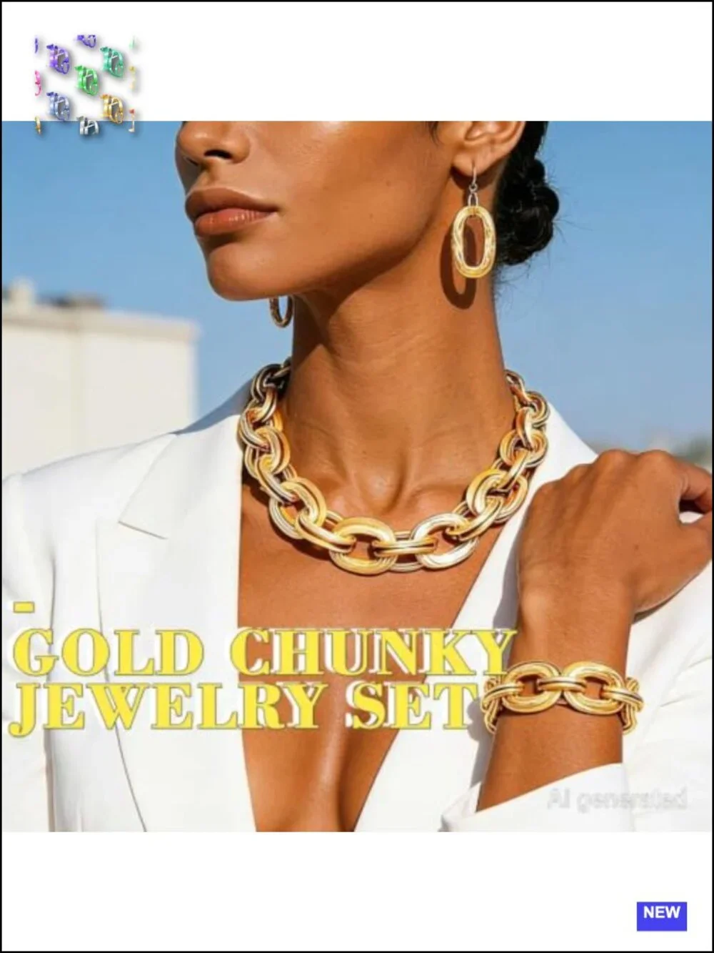 Chunky Gold Chain Jewelry Set - 3Pc Necklace Bracelet Earrings